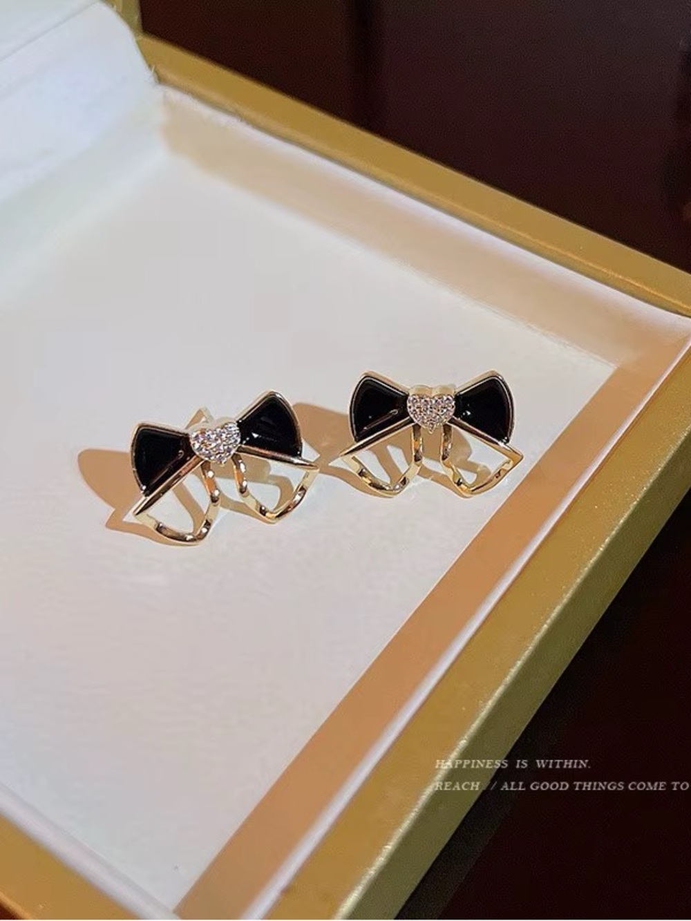 *** Chic High Quality Gold Bow Stud Earrings with Black or White Accent